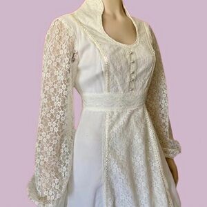 1970s Ivory Bridal Prairie Floral Lace Maxi Dress